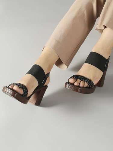 Inc.5 Women Black Party And Club Wear Textured Square Heeled Sandals Euro-39