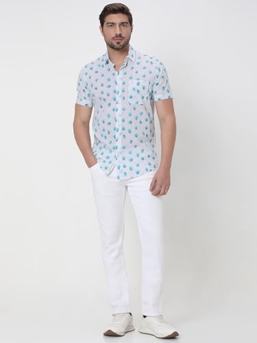 MUFTI Men Casual Shirt | Slim Fit Short Sleeve Spread Collar Polka Dot Design | Lightweight 100% Cotton & Breathable Fabric for Summer, Weekend & Vacation Wear| Bright Turquoise 6XL