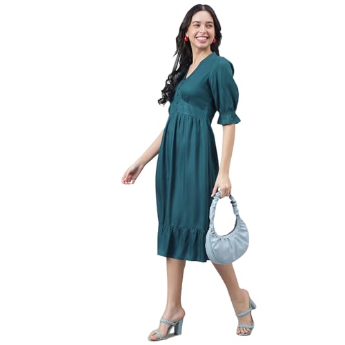 Latin Quarters Women Blue Half Sleeve V-Neck A-Line Dress