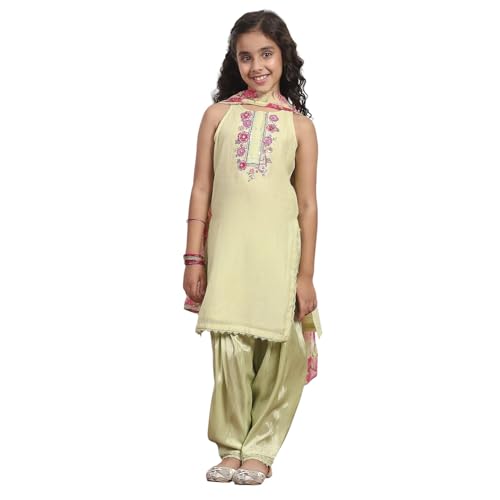 BIBA Girl's Sea Green Polyester Straight Solid Suit Set