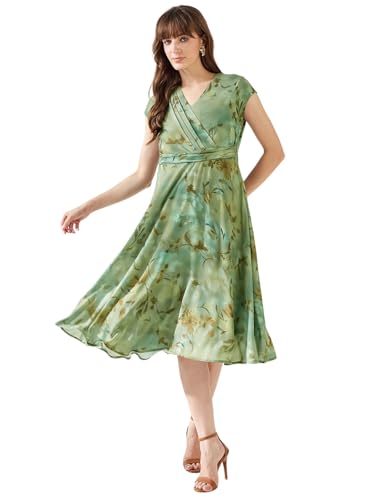 Latin Quarters Women's Green Cap Sleeves V-Neck Printed Casual Midi Dress_M