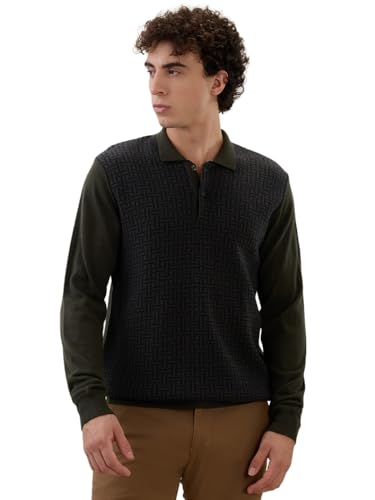 Raymond Men Contemporary Fit Structure Pattern Merino Wool Acrylic Blend Rib Collar Full Sleeve Casual Winter Wear Green