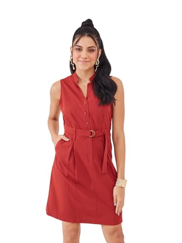 Latin Quarters Women's Rust Solid Sleeveless Mandarin Neck Casual Shirt  Dress_M