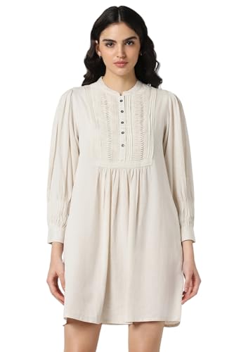 Van Heusen Women's Viscose Asymmetrical Mid-Thigh Length Dress (VWDRNRGHP84214_Beige