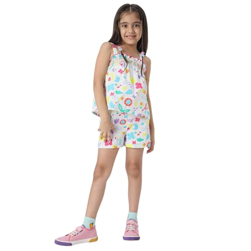 Nauti nati Girls Printed Shoulder Strap Pure Cotton Top with Shorts