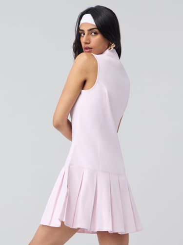 The Souled Store Tennis Dress: Rose Blush Women and Girls Sleeveless Collared Neck Solid Polyester Slim Fit Lightweight Pleated Hem Casual Skater Tennis Dress