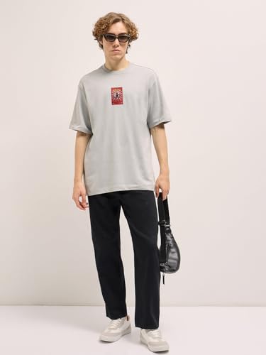 THE BEAR HOUSE Men's Grey Back Printed Oversized T-Shirt