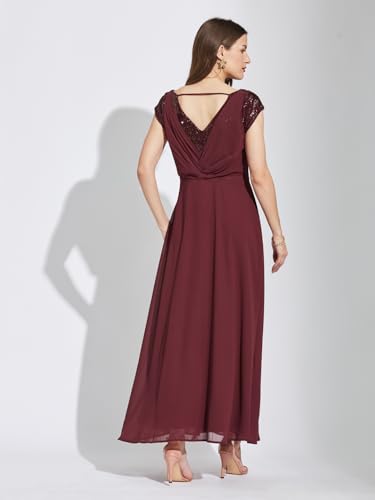 Latin Quarters Women Maroon Square Neck Cap Sleeves Solid Maxi Fit & Flare Dress L