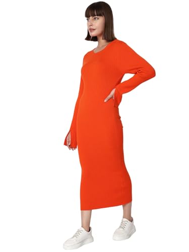 VERO MODA Women Textured Viscose Midi Orange Bodycon Dress
