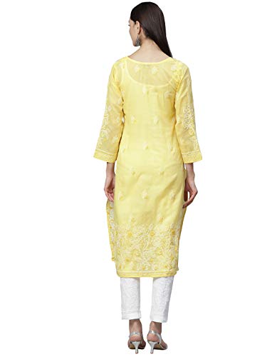 Ada Handcrafted Lucknow Chikan Women's Cotton Kurta with Trouser Set S811136_Yellow