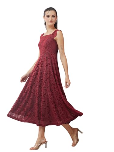 Miss Chase Womens Square Neck Sleeveless Self-Designed Ruffled Midi Lace Dress (MCAW25D86-11-143-02, Maroon, XS)