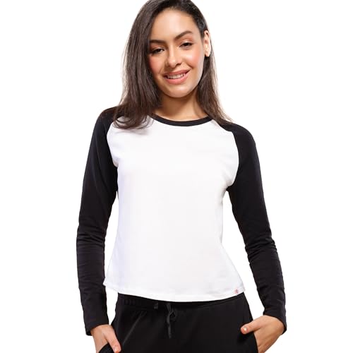 Enamor Women's Solid Slim Fit T-Shirt (E307_Black/Bright White 2XL)
