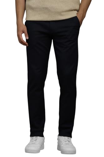 Men Navy Contemporary Fit Textured Flat Front Casual Trousers
