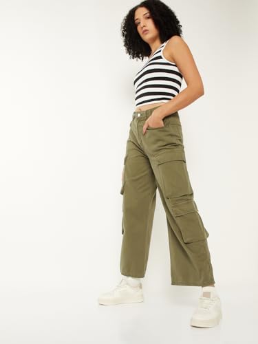 Max Women Solid Cargo Trousers (Green_26)
