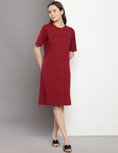 Tommy Hilfiger Women's Cotton T-Shirt Above The Knee Casual Dress (F23HWDR031_Maroon