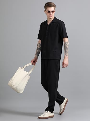StitchX Men’s Airport Look Textured Seersucker Resort Cotton Shirt & Trouser Co-Ord Set Midnight Black-XL