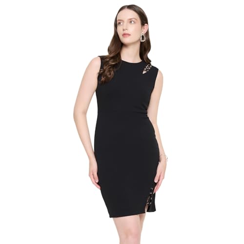 Madame Cut Detailed Sleeveless Solid Black Mini Dress