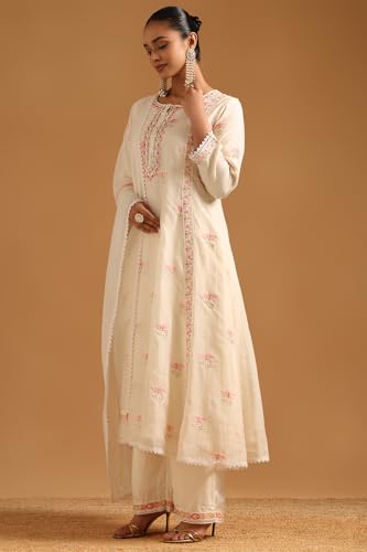 Soch Womens Cream Mul Chanderi Floral Salwar Suit With Thread Work