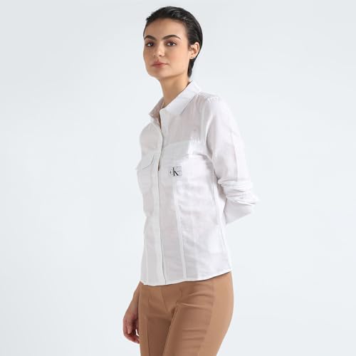 Calvin Klein Linen White Solid Spread Collar Full Sleeve Women Shirt (XXL)