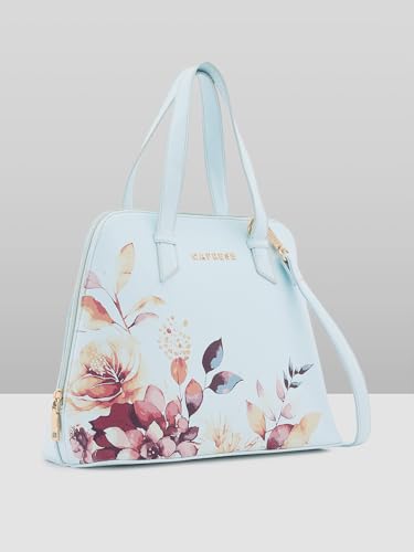 Caprese Alaya Medium Satchel Bag for Women | Stylish Floral Print Faux Leather Shoulder Bag with Multiple Compartments & Comfortable Handles | Perfect for Work, Travel, and Everyday Use (Blue)