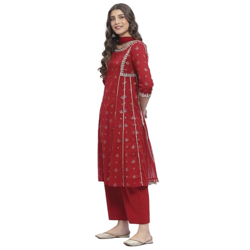 Biba Women Red Cotton Foil Printed Kalidar Suit Set_44