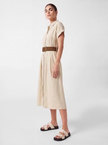 Max Women Solid Shirt Dress with Belt(Beige_S)