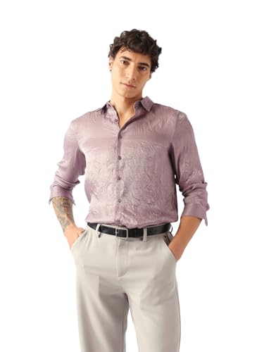 THE BEAR HOUSE Men Solid Crinkle Textured Regular Fit Shirt Purple