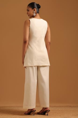 Soch Womens Cream Cotton Embroidered Mirror-Work Kurta Set