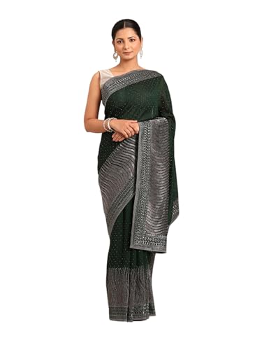 MOHEY Women's Art Silk Wave Patterned Rhinestone Embellished Saree (Bottle Green)