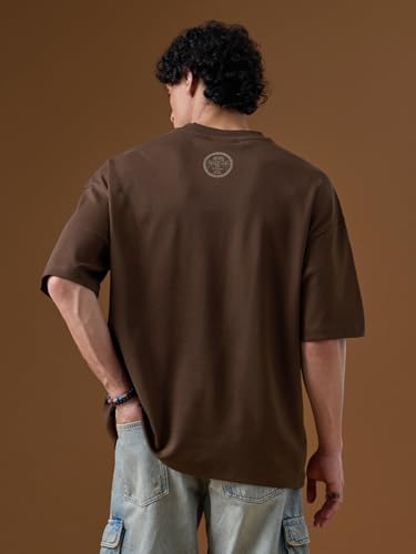 The Souled Store Nomad: Retro Rupee Men and Boys Short Sleeves Round Neck Dark Brown Printed Graphic Casual Drop Shoulder Streetwear Trendy Super Oversized T-Shirt