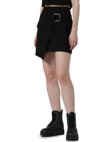 ONLY Women Solid Polyester Above Knee High Rise Black Wrap Skirt