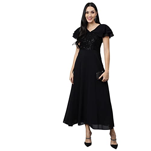 Latin Quarters Women's Black Half Sleeve Solid Maxi Dress