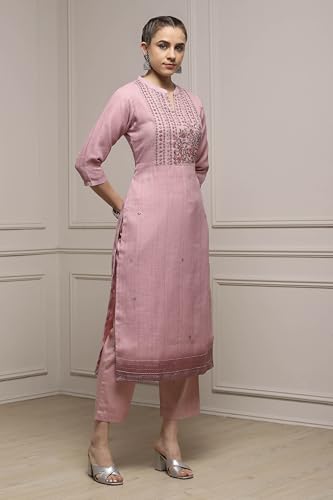 Biba Women Pink Linen Blend Hand Embroidered Unstitched Suit Set_FREE SIZE