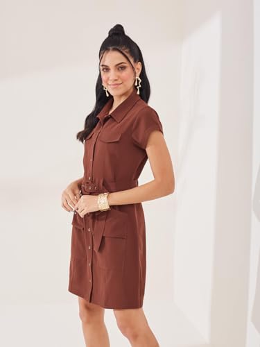 Latin Quarters Women's Brown Solid Cap Sleeve Collar Neck Casual Shirt Dress_XXL