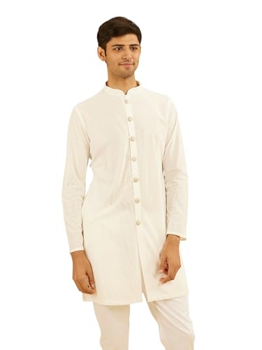 Manyavar Men's Knit Self Design Buttoned Mid Length Kurta(White,M)