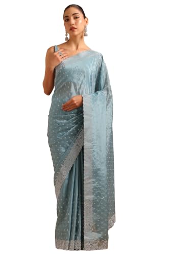 Soch Womens Powder Blue Satin Embellished Zari Woven Swarovski Stone Saree