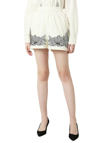 VERO MODA Women Embroidered Cream Cotton Regular Fit High Rise Above Knee Length Shorts