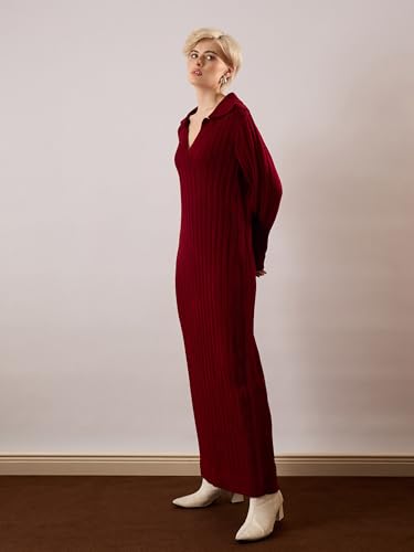 Sassafras Women Maroon Acrylic Wool Collar Midi Dress M