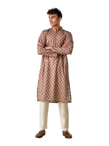 DIWAS BY MANYAVAR Men's Cotton Blend Diamond Printed Kurta Set (Beige,L)