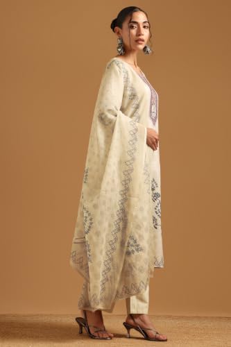 Soch Womens Cream Linen Digital Print Botanical Thread Work Salwar Suit