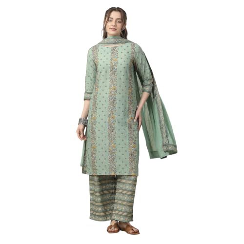 BIBA WOMEN PRINTED NARROW SALWAR KURTA DUPATTA(SKD7519E_SAGE GREEN_32)