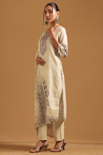 Soch Womens Cream Linen Digital Print Botanical Thread Work Salwar Suit