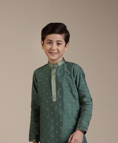 Manyavar Olive Green Blended Viscose Embroidery|Zari Kurta Pyjama Set for Child(12-14 years)