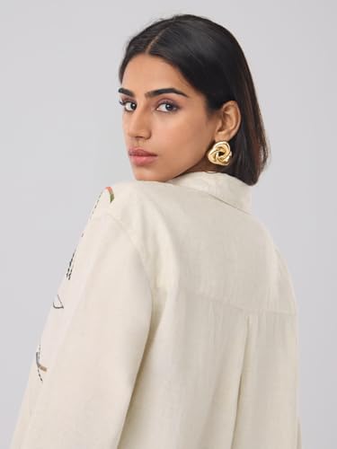 The Souled Store Nomad Line: Stitch Lines Women and Girls Full Sleeves Spread Collar Beige Embroidered Linen Blend Oversized Fit Lightweight Summer-Ready for Casual Streetwear Boyfriend Shirts