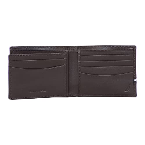 Nautica Men's Leather Logo Plate Brown Bifold Wallet, One Size