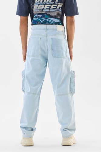 SNITCH Men Jeans | Baggy Fit with Mid Rise & Wide-Leg Design | 100% Cotton Woven Fabric with Light Fading | Casual & Streetwear Style for Summer Comfort |Light Blue