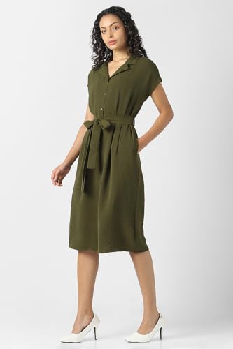 Women Olive Solid Knee Length Formal Dress
