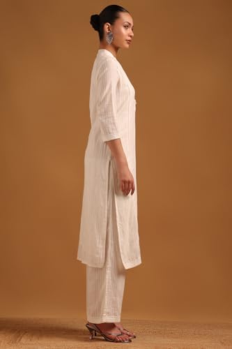Soch Womens Off White Cotton Stripes Kurta Set With Lace Details