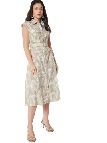 Max Women Printed Belted Shirt Dress (Beige_M)