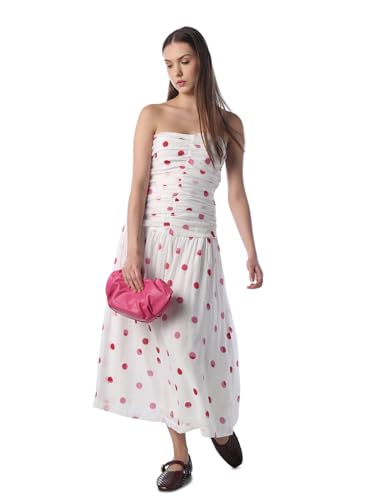 ONLY Women's Polka Dots Fit and Flare White Dress